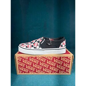 Vans Asher Checkerboard Heart Slip On Shoes Black Red Women’s Size 5.5 NEW VN0A4
